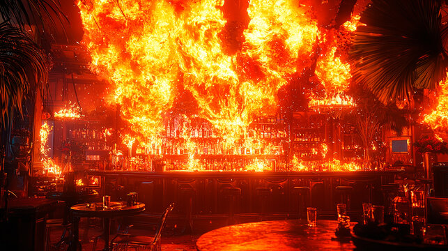 Ilustraci&oacute;n art&iacute;stica de bar con fuego masivo, explosi&oacute;n y destruido por el calor extremo.