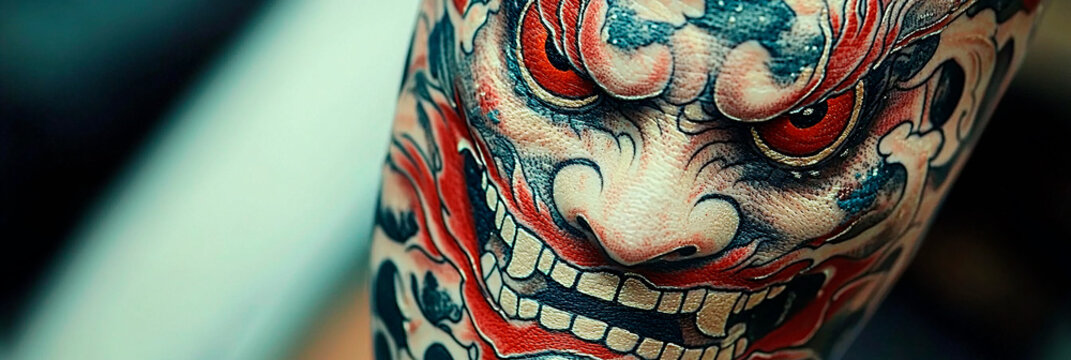 Primer plano detallado de tatuaje de m&aacute;scara Oni japonesa roja con expresi&oacute;n furiosa y colmillos en el brazo.