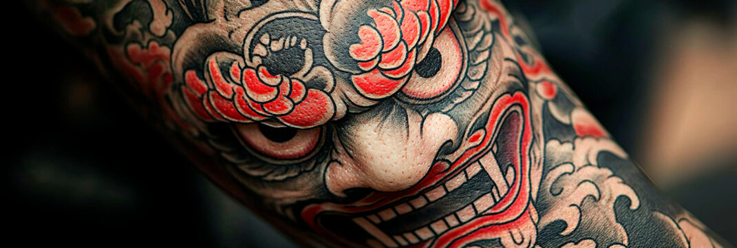 Arte corporal de estilo japon&eacute;s tradicional, dise&ntilde;o de demonio Hannya rojo en piel tatuada.