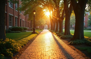 Brick pathway lined with trees leads to university buildings at sunrise. Sunlight filters through branches creating long shadows on walkway. Rich green lawns, historic red brick architecture define