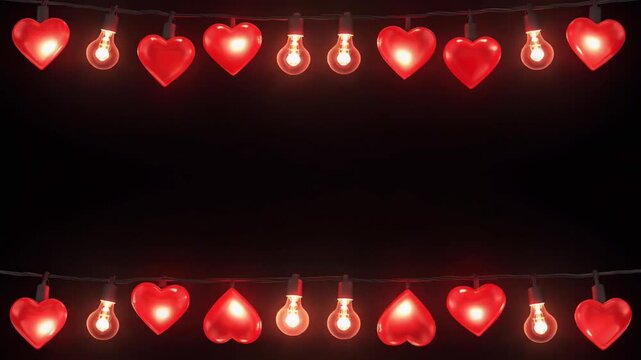 High-resolution 3D render of romantic red heart-shaped Valentine's Day string lights creating a glowing border on a deep black, copy space background.