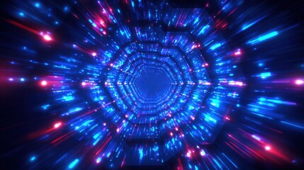 Futuristic digital tunnel with neon lights in blue, cyan, red and pink. Cyberpunk tech concept for virtual reality and data.