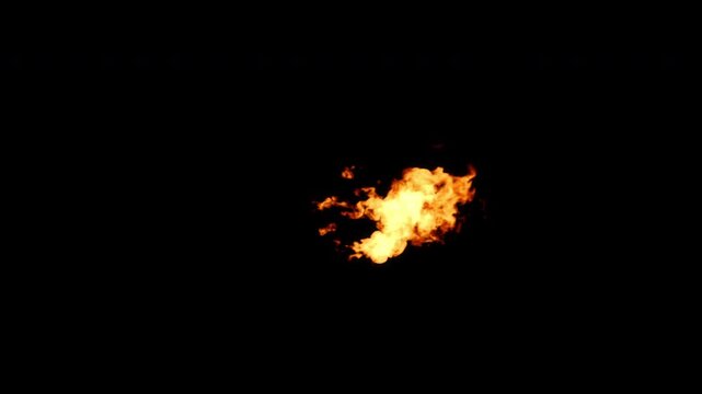 Top-down view 150 Frames Small fire flickering sideways in the wind, looping animation, black background.