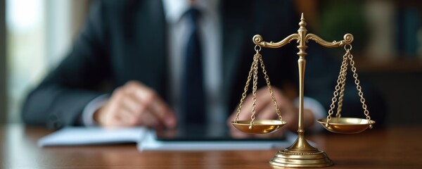 Golden scales of justice rest on wooden desk. Businessman in suit sits blurred in background, working on tablet computer. Symbol of law fairness and corporate balance, legal system concept.