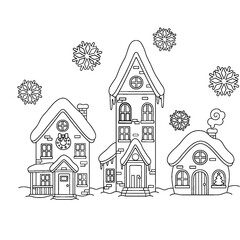 Fototapeta premium Christmas themed coloring book with 3 different houses surrounded by snow