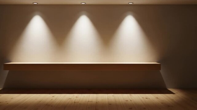Empty wooden shelf on a light beige wall with three spotlights and hardwood floor