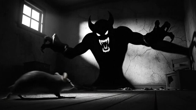 Shadowy figure looming over a rat in dark room