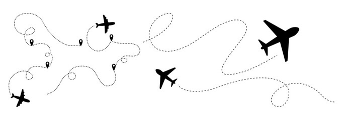 Airplane route with dotted flight path. Flying plane symbol with twisted, curved, straight and heart shape dashed trace path.