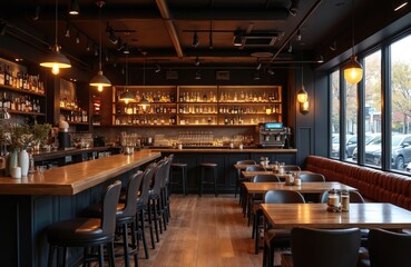 Fototapeta premium Modern bar, restaurant interior with wooden tables, leather chairs, well stocked bar. Empty dining area features ambient lighting, large windows overlooking street scene. Cozy spot invites guests for
