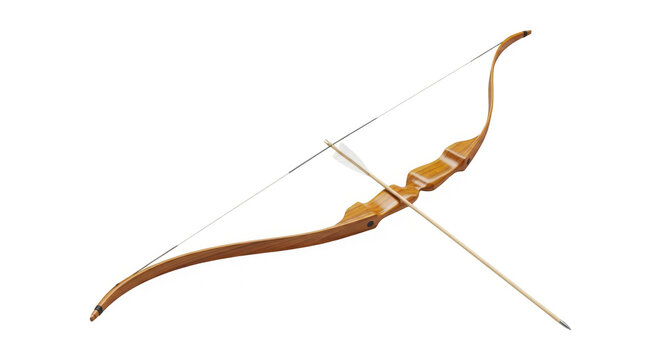 A traditional wooden recurve bow with an arrow nocked, set against an isolated transparent background