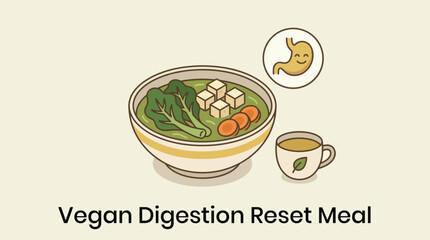 Vegan Digestion Reset Meal with Soup and Tea and Happy Stomach Icon vector illustration
