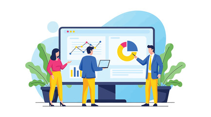 Illustration of three professionals analyzing data on a large screen with charts and graphs—ideal for business intelligence, analytics, teamwork, and decision-making visuals in modern office settings.