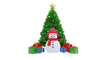 Christmas Snowman with Tree and Gifts on White