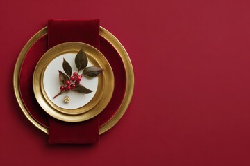 Elegant christmas table setting with gold plates and holly on red background