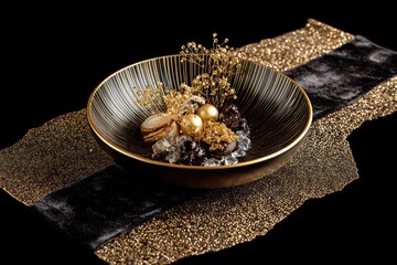 Luxurious dessert in a golden bowl on a shimmering black and gold surface