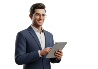 Professional businessman avatar holding tablet isolated on transparent background