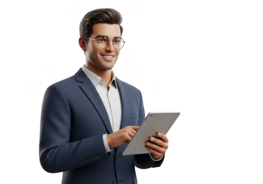 Professional businessman avatar holding tablet isolated on transparent background - Powered by Adobe