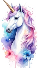 Naklejka premium Watercolor Unicorn with Pastel Mane and Floral Accents Illustration.