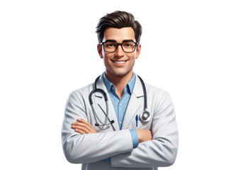Fototapeta premium Smiling male doctor with arms crossed and stethoscope, isolated on transparent background