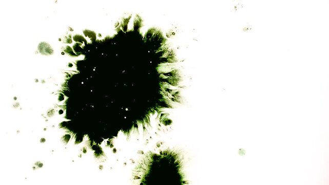 A dark, abstract ink splatter on a white background, resembling a microscopic view of cells or a nebula.