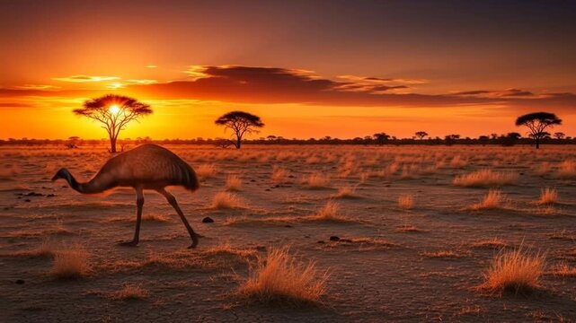 An emu walks across a dry savannah landscape at sunset. 4k video
