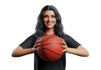 3d render of a smiling woman holding a basketball, isolated on transparent background