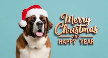 Saint Bernard Dog with Christmas Hat - A cute Saint Bernard dog wearing a Christmas hat against a light blue background. Festive and adorable!
