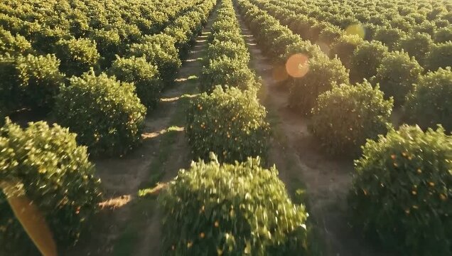 Aerial view of a lush green citrus orchard at sunset with sun flares.