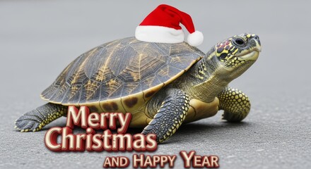 Turtle Wearing a Christmas Hat - A cute turtle wearing a Santa hat wishing everyone Merry Christmas and Happy New Year. Holiday cheer in the animal kingdom