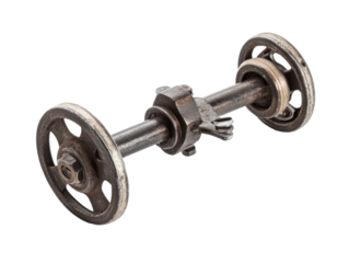 Old metal wheel axle on transparent background