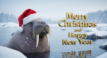 Walrus with Christmas Hat in Winter - A walrus wearing a Santa hat is swimming in icy water with text Merry Christmas and Happy New Year
