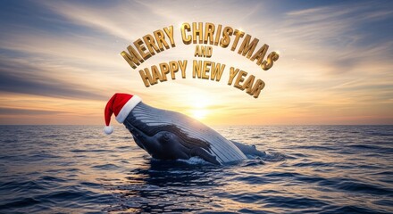 Whale Celebrating Christmas and New Year - A whale wearing a Santa hat emerges from the ocean with the text "Merry Christmas and Happy New Year" above it against a colorful sunset