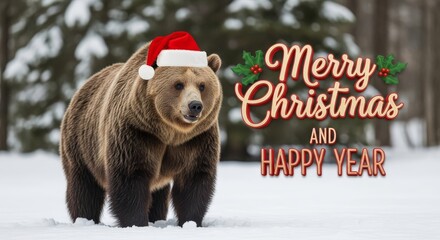 Bear Celebrating Christmas in Winter Forest - A bear wears a santa hat in a snowy winter forest with a Merry Christmas message overlayed on the