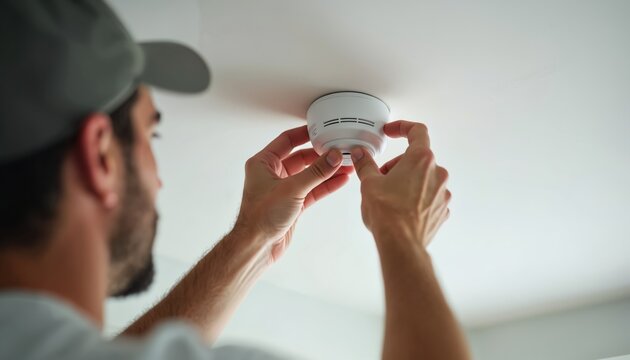 Man installs smoke detector on ceiling. Person checks home safety device. Routine maintenance ensures house security and fire prevention. Device warns of hazards.