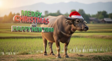 Buffalo with Santa Hat Wishes Merry Christmas - A buffalo wears a Santa hat standing in a field with a Merry Christmas and Happy New Year greeting. Holiday season and festive