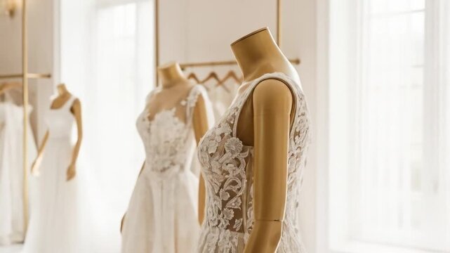 Elegant bridal boutique interior with wedding gowns on display. 4k video