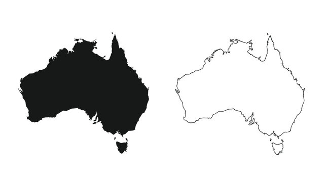 Australia map outlines a black silhouette and a white line drawing
