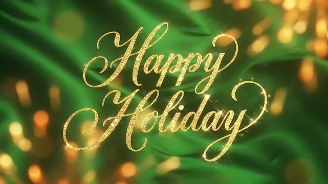 Happy Holiday Sparkling Gold Calligraphy Green Background Loop