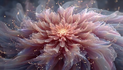 Particle veil ritual space glowing with soft pink oscillations and symmetry