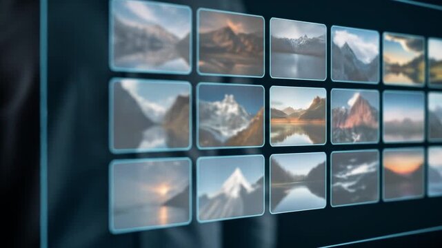 Hand interacts with futuristic transparent screen displaying blurry landscape thumbnails