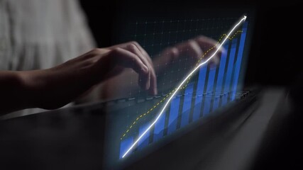 Close-up of hands typing on a keyboard with a visually stunning data graph projected above, representing growth and technology in a modern business environment. Copula - Powered by Adobe