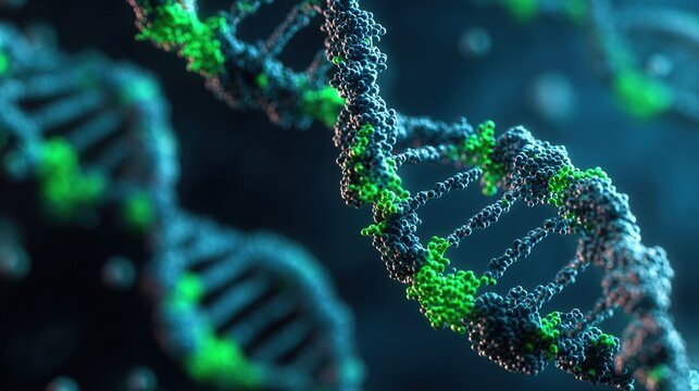 DNA methylation modification process, methyl groups binding to DNA strands, green fluorescent labeling, dark blue scientific background schematic