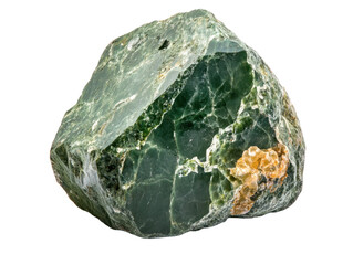 Raw green jade mineral with orange crystal inclusion