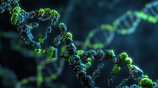 DNA methylation modification process, methyl groups binding to DNA strands, green fluorescent labeling, dark blue scientific background schematic
