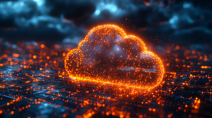 An illuminated cloud formation made of vibrant particles representing digital connectivity and data exchange in a modern world.