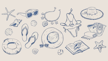 Hand-drawn collection of summer beach vacation essentials and accessories, perfect for sun-soaked holidays and tropical getaways