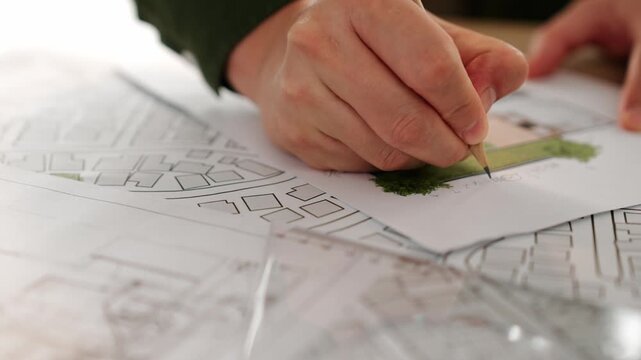 A video of architect with triangle ruler and pencil to measure blueprint. Architect designing house construction on a table at studio, architectural plan scattered around. Focus on hand. Delineation.