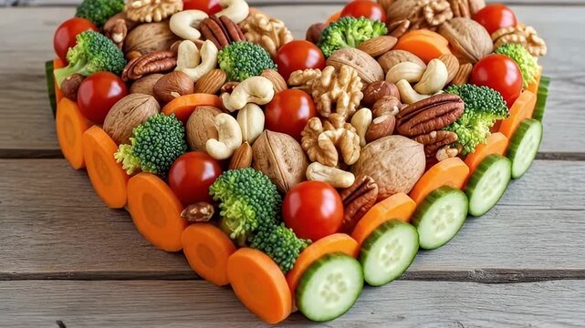 A visually appealing heart-shaped arrangement of vibrant, fresh vegetables and an assortment of wholesome nuts, presented beautifully on a rustic wooden surface. The colorful bounty features bright re