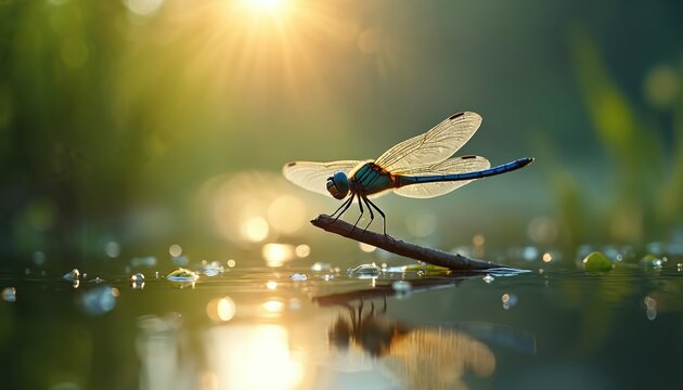 Blue dragonfly rests on dry stick above clear pond water with sun glinting. Soft green foliage background, insect prepares to fly over calm lake surface. - Powered by Adobe