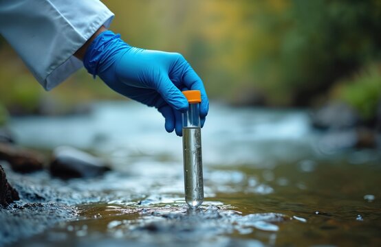 Scientist wearing blue gloves collects water sample in test tube near flowing river. Researcher analyzes liquid for purity, studying aquatic environment, checking for pollution, assessing ecological